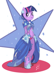 Size: 729x1000 | Tagged: safe, artist:atryl, derpibooru import, twilight sparkle, anthro, unguligrade anthro, belly button, clothes, dress, gala dress, hooves, midriff, panties, solo, underwear