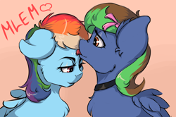 Size: 1340x890 | Tagged: safe, artist:kittytitikitty, derpibooru import, rainbow dash, oc, oc:twisted cyclone, pegasus, pony, bow, canon x oc, chest fluff, collar, cute, feather, female, licking, mare, mlem, nose wrinkle, ribbon, shipping, simple background, tongue out, wings