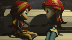 Size: 1920x1080 | Tagged: safe, artist:oc1024, derpibooru exclusive, edit, part of a series, part of a set, sunset shimmer, equestria girls, 3d, bench, duality, female, human paradox, lesbian, night, self paradox, selfcest, shimshim, shipping, sitting, source filmmaker