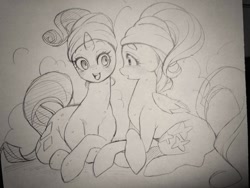 Size: 1024x768 | Tagged: safe, artist:naoki, fluttershy, rarity, pegasus, pony, unicorn, grayscale, monochrome, spa, towel