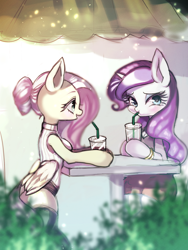 Size: 700x931 | Tagged: safe, artist:nitronic, fluttershy, rarity, pegasus, pony, semi-anthro, unicorn, clothes, drinking