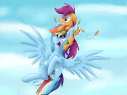 Size: 1024x768 | Tagged: safe, artist:hilis, derpibooru import, rainbow dash, scootaloo, pegasus, pony, acrophobia, flying, flying lesson, scared, scootahat, scootalove