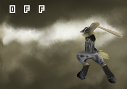 Size: 2400x1689 | Tagged: safe, artist:needthistool, applejack, earth pony, pony, semi-anthro, applebat, baseball, baseball bat, baseball cap, cap, female, hat, mare, mashup, off, ponified, solo, the batter, video game