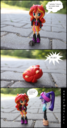 Size: 2760x5270 | Tagged: safe, artist:artofmagicpoland, sunset shimmer, twilight sparkle, twilight sparkle (alicorn), alicorn, comic:horses do horse, equestria girls, comic, doll, equestria girls minis, falling, speech bubble, toy