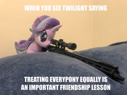 Size: 4032x3024 | Tagged: safe, artist:nekokevin, artist:yaop, edit, editor:genericarchangel, starlight glimmer, pony, series:nekokevin's glimmy, caption, equality, exploitable meme, gun, hypocrisy, image macro, implied twilight sparkle, irl, meme, photo, plushie, rifle, snipelight glimmer, sniper, sniper rifle, solo, text, this will end in communism, this will end in gulag, weapon