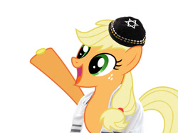 Size: 1152x864 | Tagged: safe, applejack, earth pony, pony, bits, jew, judaism, money, religion, simple background, solo, stereotype, yarmulke