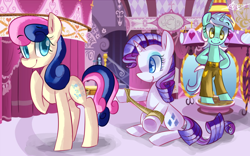 Size: 1280x800 | Tagged: safe, artist:tamoqu, bon bon, lyra heartstrings, rarity, sweetie drops, pony, unicorn, bipedal, carousel boutique, clothes, pants