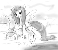 Size: 927x795 | Tagged: safe, artist:alloyrabbit, fluttershy, breezie, pegasus, pony, breezie world, monochrome, solo