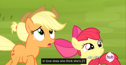 Size: 1600x830 | Tagged: safe, screencap, apple bloom, applejack, earth pony, pony, leap of faith, all new, hub logo, meme, text, youtube caption