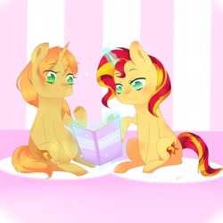 Size: 2048x2048 | Tagged: safe, artist:rinka-anne8, sunset shimmer, oc, oc:phoenix dawn, unicorn, book, cute, female, heart, magic, mama sunset, mother and child, mother and daughter, offspring, parent and child, parent:sunset shimmer, parents:canon x oc, pregnant, sitting