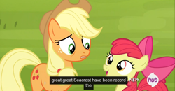 Size: 1600x830 | Tagged: safe, screencap, apple bloom, applejack, earth pony, pony, leap of faith, hub logo, meme, ryan seacrest, youtube caption