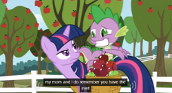 Size: 570x311 | Tagged: safe, derpibooru import, screencap, spike, twilight sparkle, dragon, pony, the ticket master, apple, apple tree, basket, dragons riding ponies, meme, mom, riding, tree, youtube caption