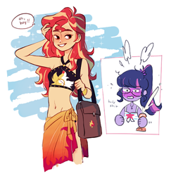 Size: 540x540 | Tagged: safe, artist:freshfriend, sci-twi, sunset shimmer, twilight sparkle, better together, equestria girls, forgotten friendship, armpits, belly button, bikini, blushing, clothes, female, glasses, lesbian, midriff, purse, scitwishimmer, shipping, speech bubble, stupid sexy sunset shimmer, sunscreen, sunsetsparkle, swimsuit, vulgar