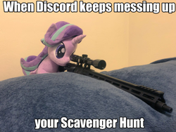 Size: 2048x1536 | Tagged: safe, artist:yaop, edit, starlight glimmer, pony, a matter of principals, ar15, caption, exploitable meme, gun, image macro, irl, meme, photo, plushie, snipelight glimmer, text, this will end in pain, weapon