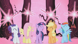 Size: 1280x720 | Tagged: safe, derpibooru import, screencap, applejack, fluttershy, rainbow dash, rarity, twilight sparkle, earth pony, pegasus, pony, unicorn, friendship is magic, everfree forest, laughter song, tree