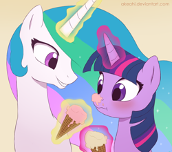 Size: 900x791 | Tagged: safe, artist:akeahi, princess celestia, twilight sparkle, alicorn, pony, :t, blushing, cute, female, grin, ice cream, ice cream cone, lesbian, magic, mare, messy, scrunchy face, shipping, smiling, telekinesis, twilestia, wavy mouth