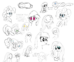 Size: 4385x3666 | Tagged: safe, artist:nuxersopus, derpibooru import, applejack, derpy hooves, fluttershy, pinkie pie, rainbow dash, oc, earth pony, parasprite, pegasus, pony, monochrome