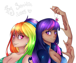 Size: 1280x1067 | Tagged: safe, artist:yanshiki, derpibooru import, rainbow dash, twilight sparkle, human, cleavage, female, humanized, nami, nico robin, one piece, simple background, transparent background