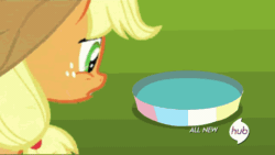 Size: 480x270 | Tagged: safe, edit, edited screencap, screencap, applejack, earth pony, pony, leap of faith, animated, anvil, swimming pool, the great and powerful superedit, this will end in tears and/or death