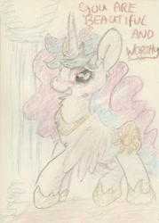 Size: 635x886 | Tagged: safe, artist:slightlyshade, princess celestia, alicorn, pony, female, horn, mare, multicolored mane, solo, traditional art, white coat