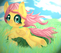 Size: 2924x2573 | Tagged: safe, artist:iwuvmemyjunjouegoist, fluttershy, pegasus, pony, female, floral head wreath, flower, lying down, mare, smiling, solo, windswept mane