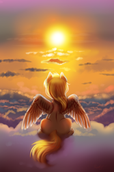 Size: 1000x1500 | Tagged: safe, artist:confetticakez, derpy hooves, pegasus, pony, backlighting, cloud, female, mare, rear view, sitting, solo, spread wings, sunset, twilight (astronomy), wings