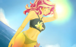 Size: 3840x2400 | Tagged: safe, artist:lilapudelpony, sunset shimmer, better together, equestria girls, forgotten friendship, beach, belly button, bikini, clothes, female, sarong, solo, sun, swimsuit, water