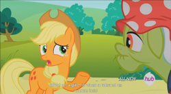 Size: 1394x762 | Tagged: safe, screencap, applejack, granny smith, earth pony, pony, leap of faith, female, freckles, frown, hub logo, mare, meme, youtube caption