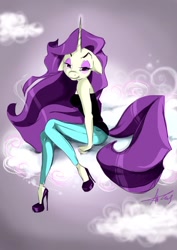 Size: 394x557 | Tagged: safe, artist:sertaa, rarity, anthro, unicorn, clothes, cloud, cloudy, female, high heels, mare, shoes, solo