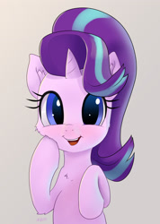 Size: 1752x2454 | Tagged: safe, artist:xbi, starlight glimmer, pony, unicorn, bust, cheek fluff, chest fluff, cute, ear fluff, female, glimmerbetes, gradient background, happy, looking at you, mare, open mouth, raised hoof, smiling, solo, touching face