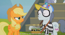 Size: 1394x761 | Tagged: safe, screencap, applejack, silver shill, earth pony, pony, leap of faith, hub logo, meme, youtube caption