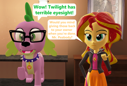 Size: 1592x1080 | Tagged: safe, artist:red4567, spike, spike the regular dog, sunset shimmer, dog, equestria girls, 3d, accessory swap, glasses, source filmmaker, sunset shimmer is not amused, unamused