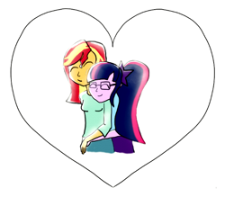 Size: 684x599 | Tagged: safe, artist:dishwashersafemusic, sci-twi, sunset shimmer, twilight sparkle, equestria girls, alternate costumes, eyes closed, female, heart, holding hands, hug, lesbian, scitwishimmer, shipping, sunsetsparkle