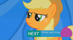 Size: 1393x761 | Tagged: safe, screencap, applejack, earth pony, pony, leap of faith, meme, youtube caption