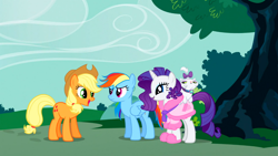 Size: 1366x768 | Tagged: safe, derpibooru import, screencap, applejack, opalescence, rainbow dash, rarity, earth pony, pegasus, pony, unicorn, suited for success, smiling