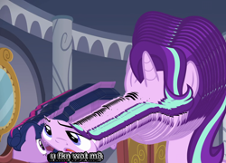 Size: 1502x1080 | Tagged: safe, edit, edited screencap, screencap, starlight glimmer, twilight sparkle, pony, a royal problem, are you frustrated?, caption, image macro, meme, not salmon, text, u wot m8, vulgar, wat, wot