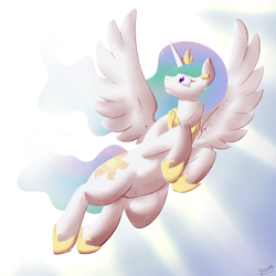 Size: 1950x1950 | Tagged: safe, artist:skoon, princess celestia, alicorn, pony, female, flying, hoof shoes, peytral, regalia, sky, solo, spread wings, sun