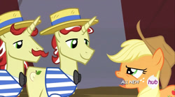 Size: 1280x714 | Tagged: safe, screencap, applejack, flam, flim, earth pony, pony, leap of faith, all new, flim flam brothers, hub logo, lidded eyes, out of context