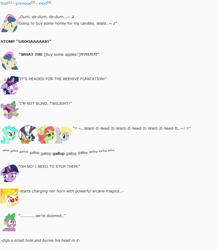 Size: 846x964 | Tagged: safe, artist:dziadek1990, bon bon, derpy hooves, lyra heartstrings, spike, sweetie drops, tree hugger, twilight sparkle, zecora, dragon, brainwashing, buy some apples, conversation, dialogue, emote story, emote story:cleaning day, emotes, panic, rampage, rapidash twilight, reddit, slice of life, text, this will end in pain, want it need it