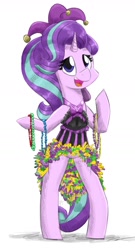 Size: 900x1665 | Tagged: safe, artist:flutterthrash, starlight glimmer, pony, unicorn, beads, bipedal, clothes, dress, female, hat, mardi gras, mare, simple background, smiling, solo