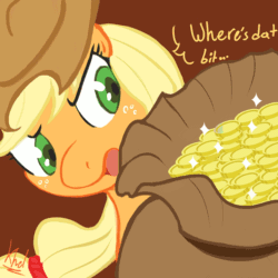 Size: 750x750 | Tagged: safe, artist:kheltari, applejack, earth pony, pony, leap of faith, animated, applejack lost or spent the bit, bag, bits, brown background, dialogue, female, mare, money, neon's bit, pile, scene parody, simple background, solo, sparkles