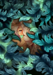 Size: 600x849 | Tagged: safe, artist:naoki, applejack, earth pony, pony, alternate hairstyle, blushing, bush, crying, leaves, looking at you, looking back, smiling, solo