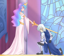 Size: 1500x1314 | Tagged: safe, artist:jonfawkes, princess celestia, oc, oc:silver sickle, human, accolade, armor, bowing, cape, clothes, eyes closed, humanized, humanized oc, kneeling, knighting, scar, silvestia, sword