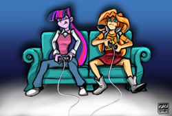 Size: 3496x2362 | Tagged: safe, artist:zenzmurfy, sunset shimmer, twilight sparkle, equestria girls, boots, clothes, female, gamer sunset, hilarious in hindsight, leather, leather vest, miniskirt, pants, shoes, sitting, skirt, sofa, tongue out