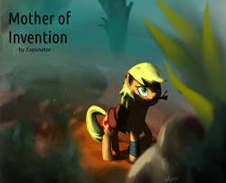 Size: 1280x1035 | Tagged: safe, artist:tehursus, applejack, earth pony, pony, fanfic:mother of invention, alternate hairstyle, fanfic art, fanfic cover, mouth hold, short mane, solo, stick