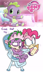 Size: 3345x5604 | Tagged: dead source, safe, artist:aperture styles, artist:atomiclance, pinkie pie, spike, anthro, dragon, plantigrade anthro, absurd resolution, baby, baby bottle, baby spike, diaper, female, male, milk bottle, mobian, paws, sonic the hedgehog (series), sonicified, style emulation