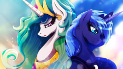 Size: 1920x1080 | Tagged: safe, artist:rariedash, princess celestia, princess luna, alicorn, pony, bedroom eyes, bust, open mouth, portrait, wallpaper