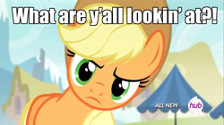 Size: 1280x717 | Tagged: safe, screencap, applejack, earth pony, pony, leap of faith, caption, fourth wall, hub logo, looking at you, solo