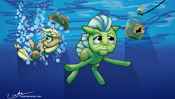 Size: 1920x1080 | Tagged: safe, artist:esuka, applejack, granny smith, earth pony, pony, leap of faith, album cover, nevermind, nirvana, parody, spencer elden, underwater