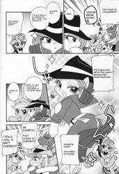 Size: 1039x1515 | Tagged: safe, artist:akira bano, derpibooru import, applejack, big macintosh, braeburn, rainbow dash, rarity, earth pony, pegasus, pony, unicorn, comic:the great detective rarity, comic, detective rarity, doujin, japanese reading order, monochrome, translation